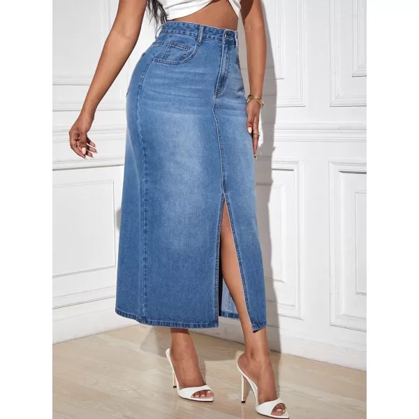 SweatyRocks Women's Casual High Waist Denim Skirt Split Hem Raw Trim Midi Jean Skirts