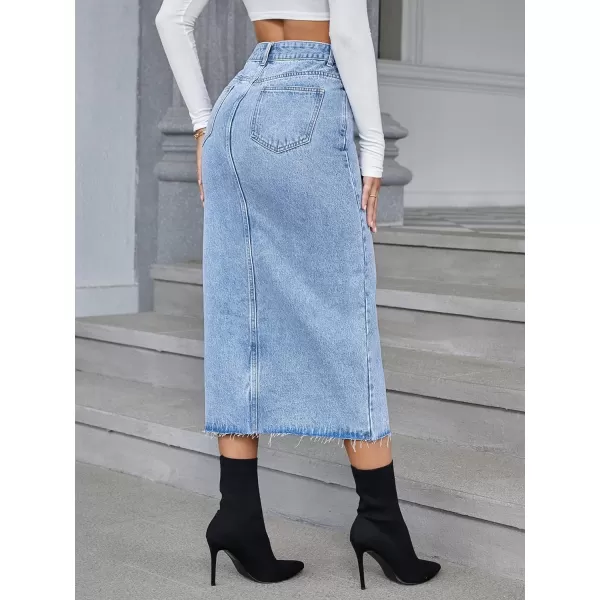 SweatyRocks Women's Casual High Waist Denim Skirt Split Hem Raw Trim Midi Jean Skirts