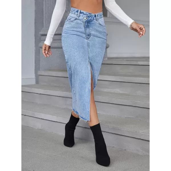 SweatyRocks Women's Casual High Waist Denim Skirt Split Hem Raw Trim Midi Jean Skirts