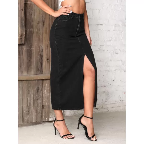 SweatyRocks Women's Casual High Waist Denim Skirt Split Hem Raw Trim Midi Jean Skirts