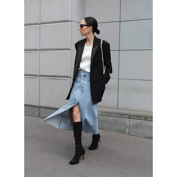 SweatyRocks Women's Casual High Waist Denim Skirt Split Hem Raw Trim Midi Jean Skirts