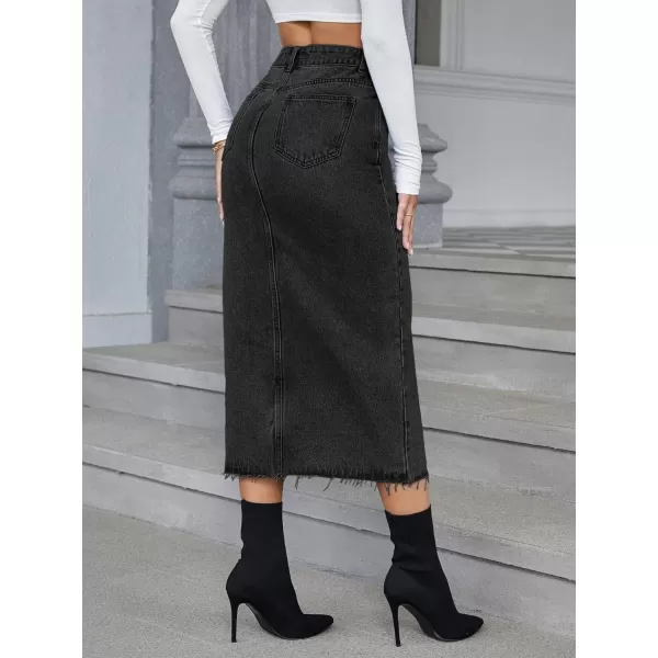 SweatyRocks Women's Casual High Waist Denim Skirt Split Hem Raw Trim Midi Jean Skirts