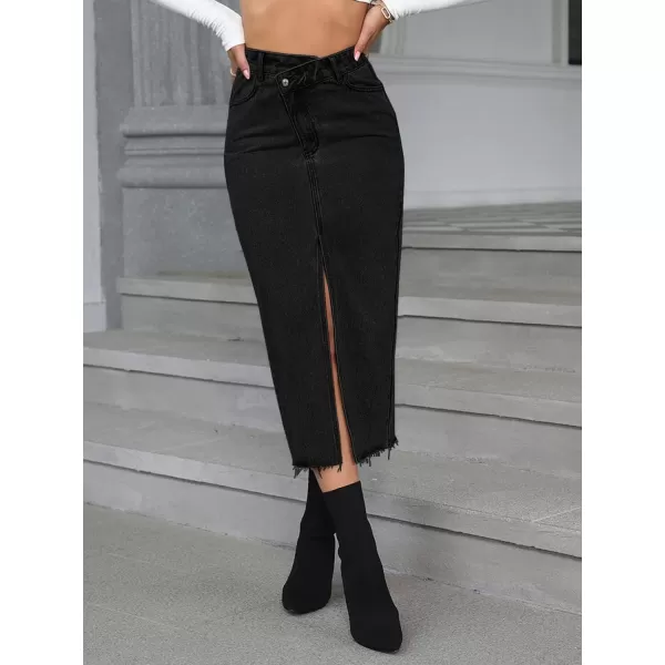 SweatyRocks Women's Casual High Waist Denim Skirt Split Hem Raw Trim Midi Jean Skirts