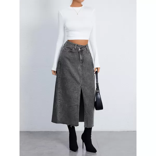 SweatyRocks Women's Casual High Waist Denim Skirt Split Hem Raw Trim Midi Jean Skirts