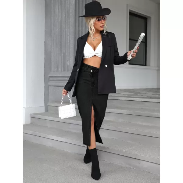 SweatyRocks Women's Casual High Waist Denim Skirt Split Hem Raw Trim Midi Jean Skirts