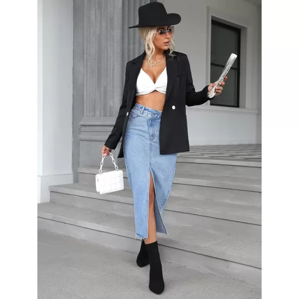 SweatyRocks Women's Casual High Waist Denim Skirt Split Hem Raw Trim Midi Jean Skirts
