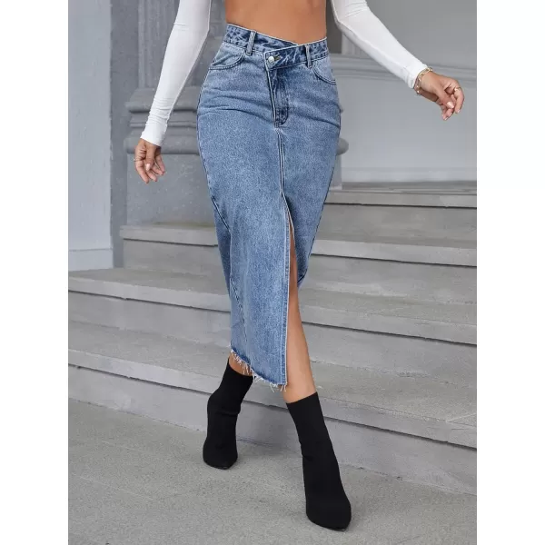 SweatyRocks Women's Casual High Waist Denim Skirt Split Hem Raw Trim Midi Jean Skirts