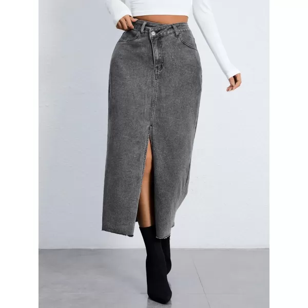 SweatyRocks Women's Casual High Waist Denim Skirt Split Hem Raw Trim Midi Jean Skirts