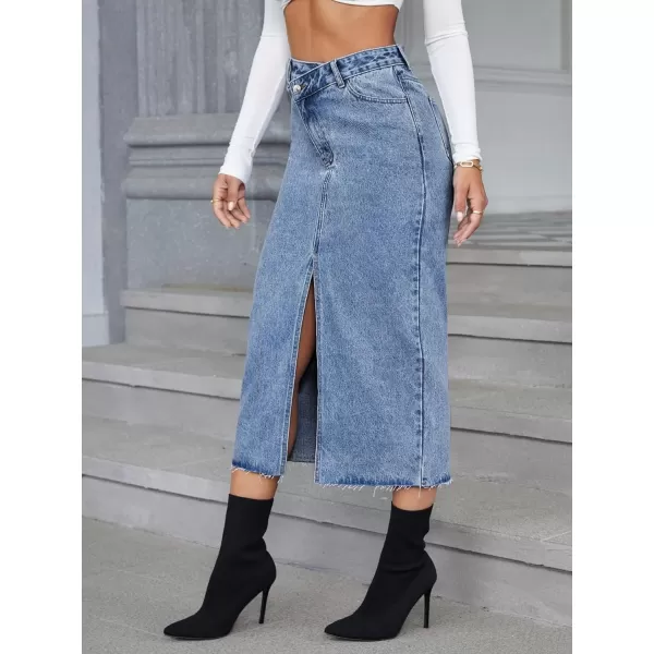 SweatyRocks Women's Casual High Waist Denim Skirt Split Hem Raw Trim Midi Jean Skirts