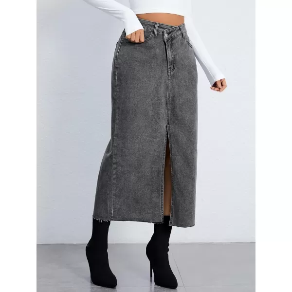 SweatyRocks Women's Casual High Waist Denim Skirt Split Hem Raw Trim Midi Jean Skirts