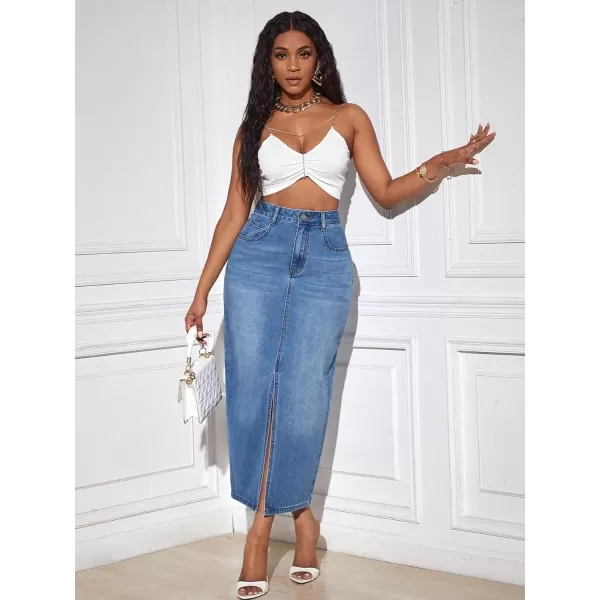 SweatyRocks Women's Casual High Waist Denim Skirt Split Hem Raw Trim Midi Jean Skirts