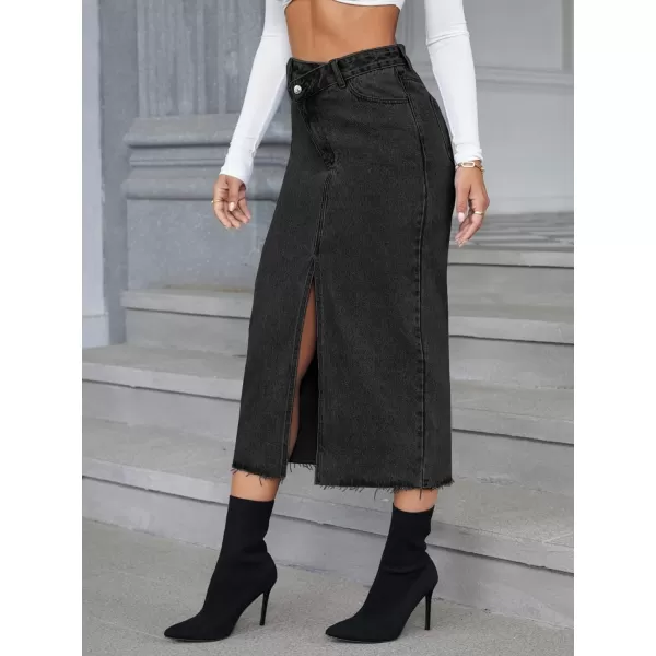 SweatyRocks Women's Casual High Waist Denim Skirt Split Hem Raw Trim Midi Jean Skirts