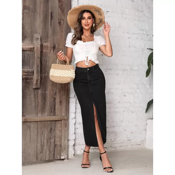 SweatyRocks Women's Casual High Waist Denim Skirt Split Hem Raw Trim Midi Jean Skirts