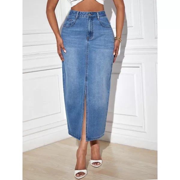 SweatyRocks Women's Casual High Waist Denim Skirt Split Hem Raw Trim Midi Jean Skirts