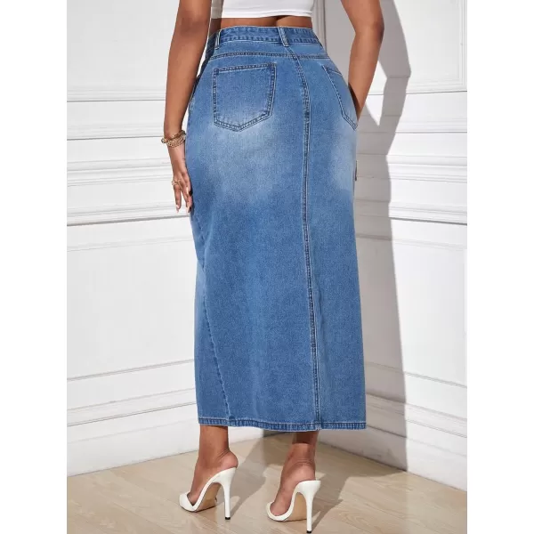 SweatyRocks Women's Casual High Waist Denim Skirt Split Hem Raw Trim Midi Jean Skirts
