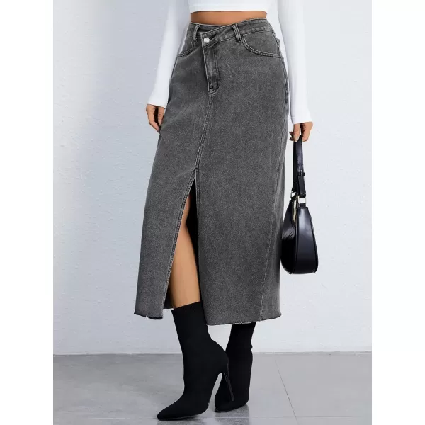 SweatyRocks Women's Casual High Waist Denim Skirt Split Hem Raw Trim Midi Jean Skirts