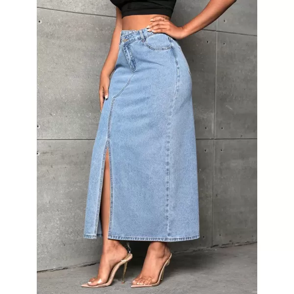 SweatyRocks Women's Casual High Waist Denim Skirt Split Hem Raw Trim Midi Jean Skirts