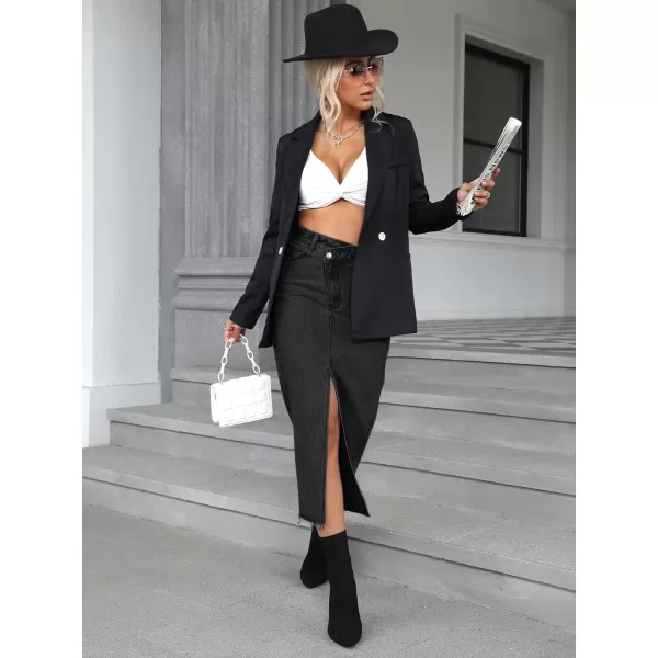 SweatyRocks Women's Casual High Waist Denim Skirt Split Hem Raw Trim Midi Jean Skirts