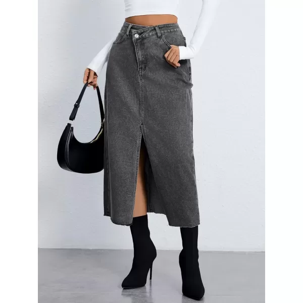 SweatyRocks Women's Casual High Waist Denim Skirt Split Hem Raw Trim Midi Jean Skirts