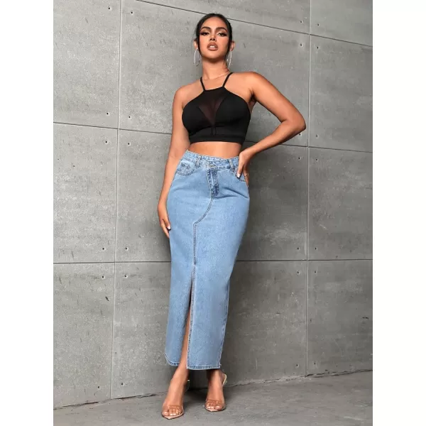 SweatyRocks Women's Casual High Waist Denim Skirt Split Hem Raw Trim Midi Jean Skirts