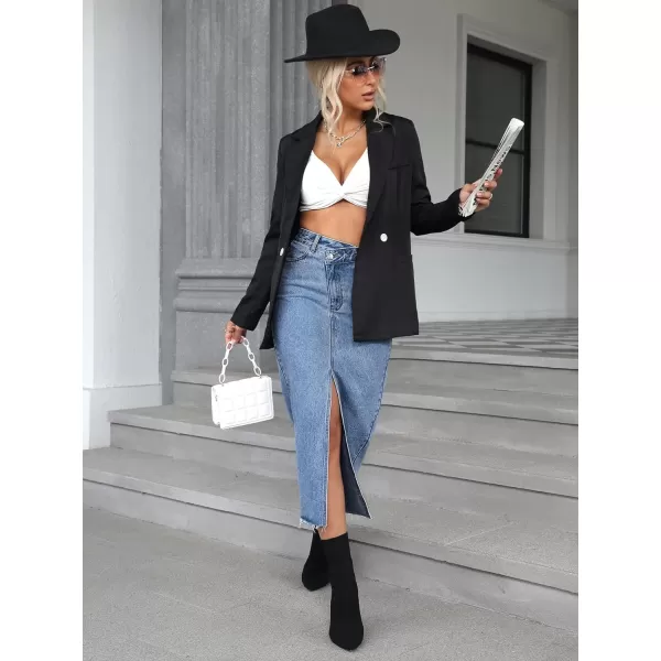 SweatyRocks Women's Casual High Waist Denim Skirt Split Hem Raw Trim Midi Jean Skirts