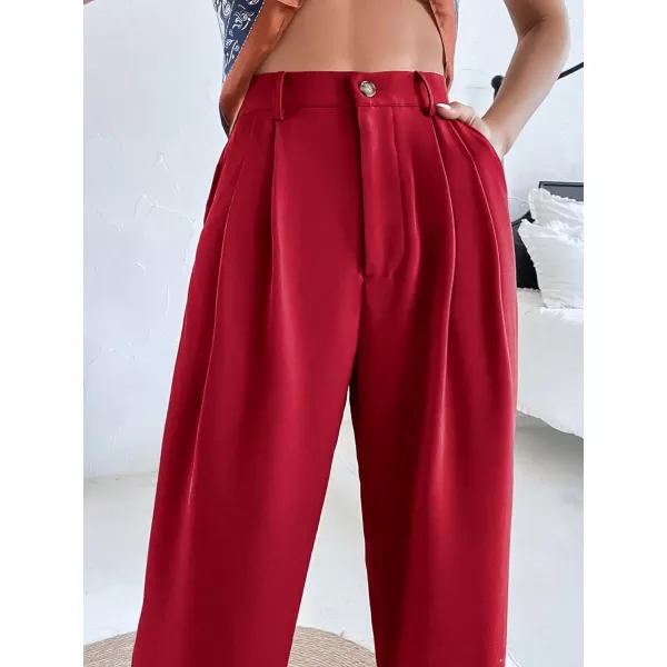SweatyRocks Women's Casual High Waist Fold Pleated Straight Leg Trousers Work Pants with Pocket