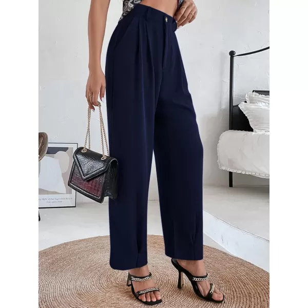 SweatyRocks Women's Casual High Waist Fold Pleated Straight Leg Trousers Work Pants with Pocket