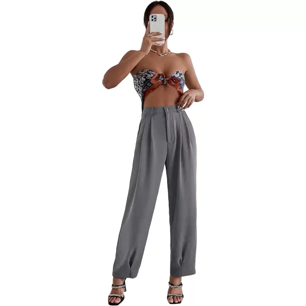 SweatyRocks Women's Casual High Waist Fold Pleated Straight Leg Trousers Work Pants with Pocket