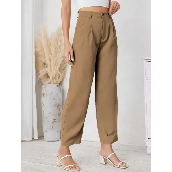 SweatyRocks Women's Casual High Waist Fold Pleated Straight Leg Trousers Work Pants with Pocket