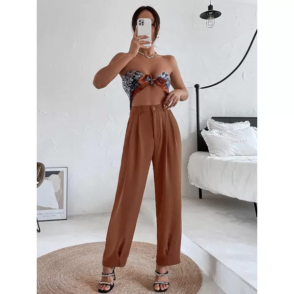 SweatyRocks Women's Casual High Waist Fold Pleated Straight Leg Trousers Work Pants with Pocket