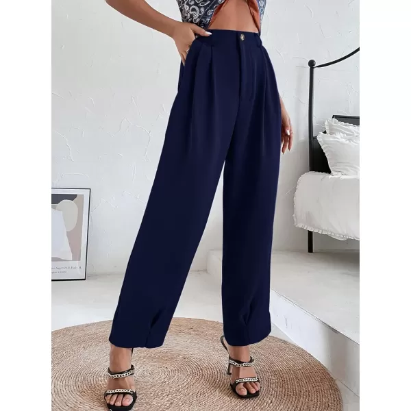 SweatyRocks Women's Casual High Waist Fold Pleated Straight Leg Trousers Work Pants with Pocket