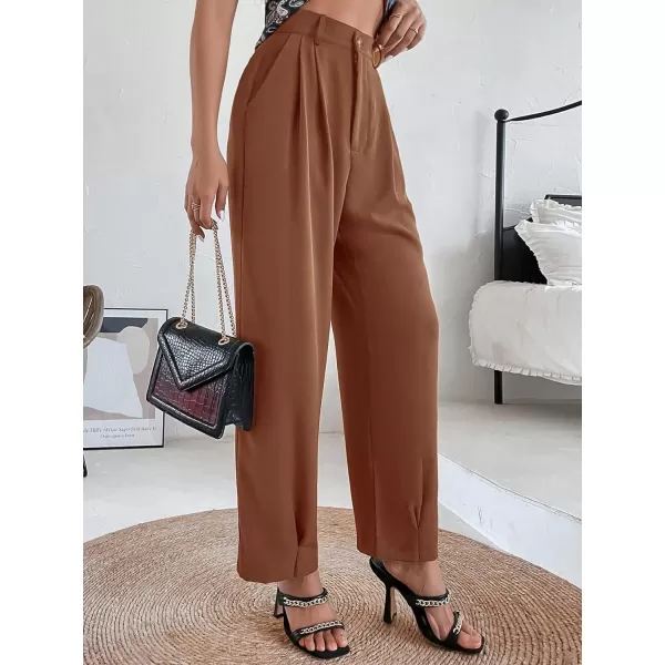 SweatyRocks Women's Casual High Waist Fold Pleated Straight Leg Trousers Work Pants with Pocket