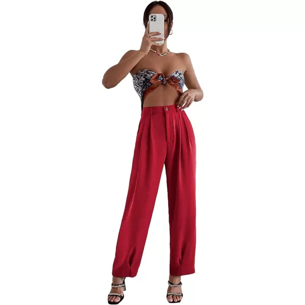 SweatyRocks Women's Casual High Waist Fold Pleated Straight Leg Trousers Work Pants with Pocket