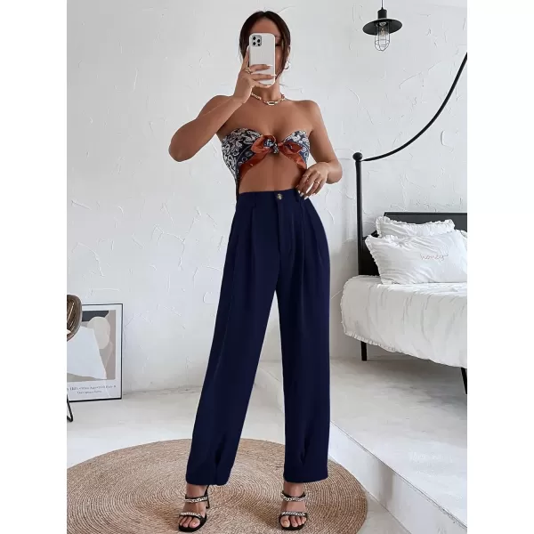 SweatyRocks Women's Casual High Waist Fold Pleated Straight Leg Trousers Work Pants with Pocket