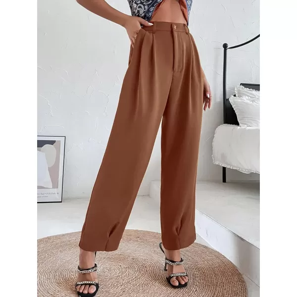 SweatyRocks Women's Casual High Waist Fold Pleated Straight Leg Trousers Work Pants with Pocket