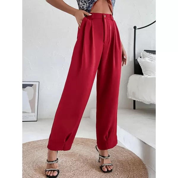 SweatyRocks Women's Casual High Waist Fold Pleated Straight Leg Trousers Work Pants with Pocket