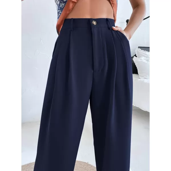 SweatyRocks Women's Casual High Waist Fold Pleated Straight Leg Trousers Work Pants with Pocket