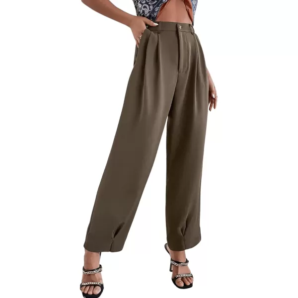 SweatyRocks Women's Casual High Waist Fold Pleated Straight Leg Trousers Work Pants with Pocket