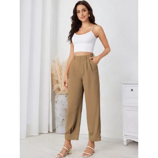 SweatyRocks Women's Casual High Waist Fold Pleated Straight Leg Trousers Work Pants with Pocket