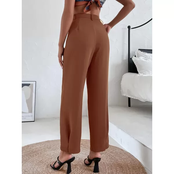 SweatyRocks Women's Casual High Waist Fold Pleated Straight Leg Trousers Work Pants with Pocket