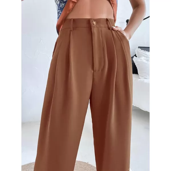 SweatyRocks Women's Casual High Waist Fold Pleated Straight Leg Trousers Work Pants with Pocket