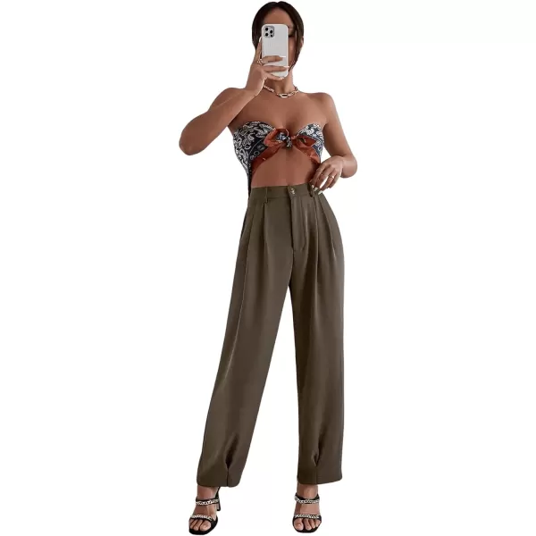SweatyRocks Women's Casual High Waist Fold Pleated Straight Leg Trousers Work Pants with Pocket