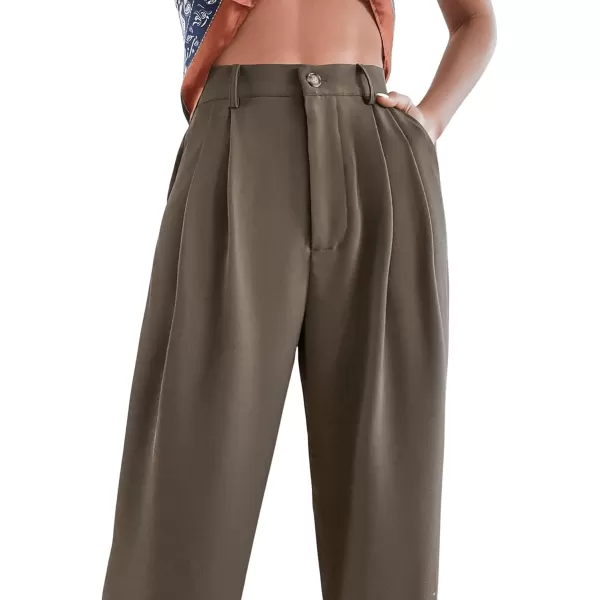 SweatyRocks Women's Casual High Waist Fold Pleated Straight Leg Trousers Work Pants with Pocket