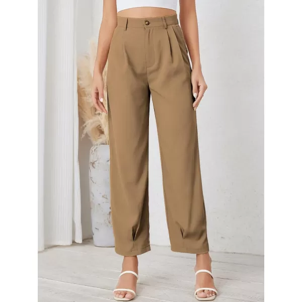 SweatyRocks Women's Casual High Waist Fold Pleated Straight Leg Trousers Work Pants with Pocket