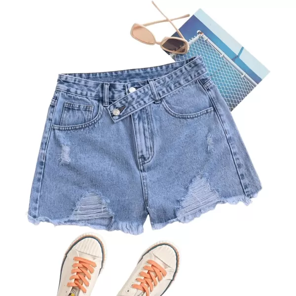 SweatyRocks Women's Casual High Waist Raw Hem Ripped Denim Jean Shorts with Pocket