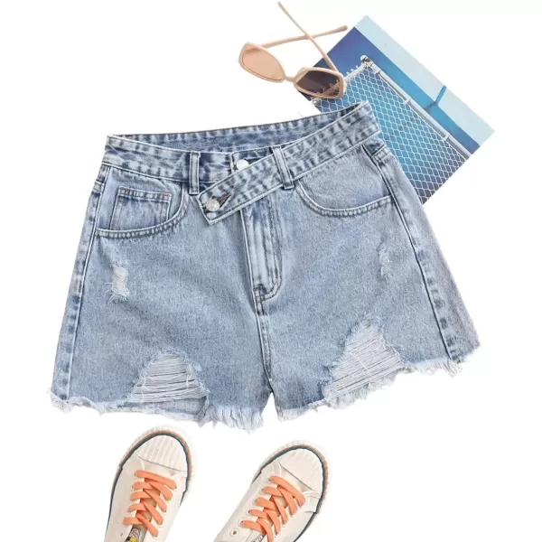 SweatyRocks Women's Casual High Waist Raw Hem Ripped Denim Jean Shorts with Pocket