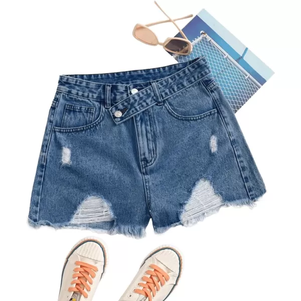 SweatyRocks Women's Casual High Waist Raw Hem Ripped Denim Jean Shorts with Pocket