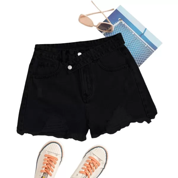 SweatyRocks Women's Casual High Waist Raw Hem Ripped Denim Jean Shorts with Pocket