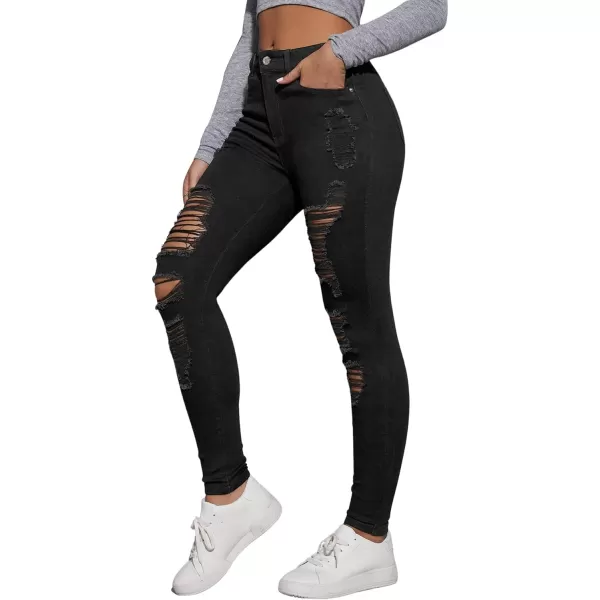 SweatyRocks Women's Casual High Waist Ripped Skinny Jeans Distressed Denim Pants