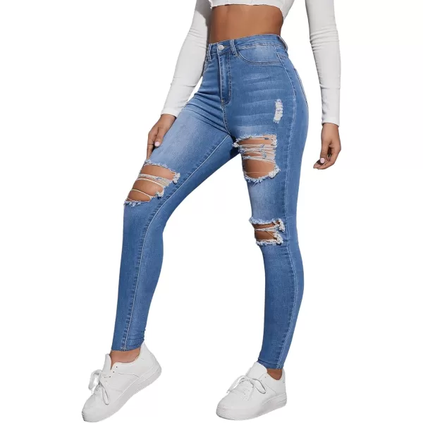 SweatyRocks Women's Casual High Waist Ripped Skinny Jeans Distressed Denim Pants